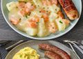 Kohlrabi-Möhren Gemüse mit Kartoffelpüree und Bratwurst