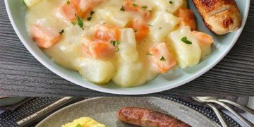Kohlrabi-Möhren Gemüse mit Kartoffelpüree und Bratwurst