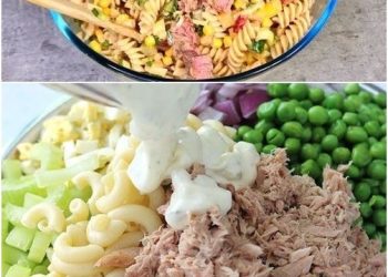 Nudelsalat mit Thunfisch: Dieser Nudelsalat hat’s in sich: vitaminreiches Gemüse, hochwertiges und leicht verdauliches Protein und ein locker leichtes Jogh