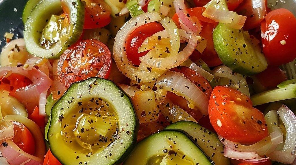 Marinierter Gurken-, Tomaten- und Zwiebelsalat