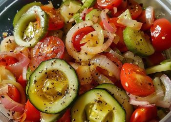 Marinierter Gurken-, Tomaten- und Zwiebelsalat