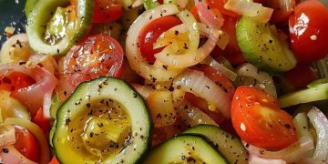 Marinierter Gurken-, Tomaten- und Zwiebelsalat