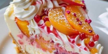 Unser Pfirsich-Himbeer-Käsekuchen bringt den Geschmack des Sommers mit jedem Bissen