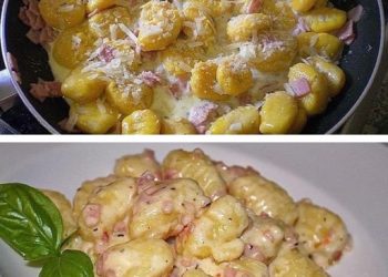 Wie man Gnocchi mit Käse und Knoblauch-Schinken-Sauce macht