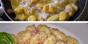 Wie man Gnocchi mit Käse und Knoblauch-Schinken-Sauce macht