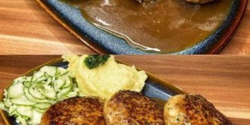 Fleischpflanzerl mit Kartoffelpüree und Gurkensalat