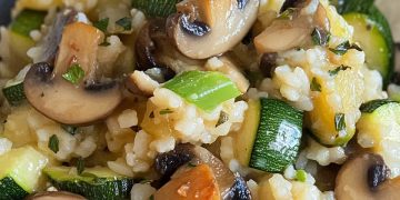 Reis mit Champignons und Zucchini in der Pfanne. Ein einfaches und leckeres Rezept.