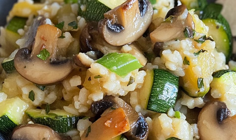 Reis mit Champignons und Zucchini in der Pfanne. Ein einfaches und leckeres Rezept.