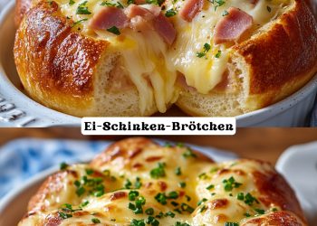 Ei-Schinken-Brötchen: Brötchen aufschneiden und aushöhlen, Schinken, Ei und Käse rein und ab in den Ofen!