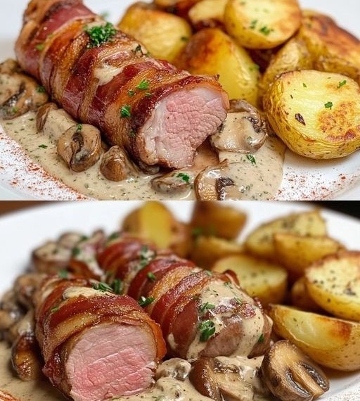 Schweinefilet im Speckmantel mit Champignons, Das Fleisch war super zart!