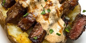 Gefüllte Ofenkartoffeln mit Steakstücken