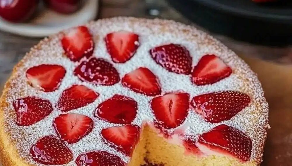Biskuitkuchen mit Erdbeeren in 5 Minuten ein Tassenrezept