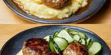 Fleischpflanzerl mit Kartoffelpüree und Gurkensalat