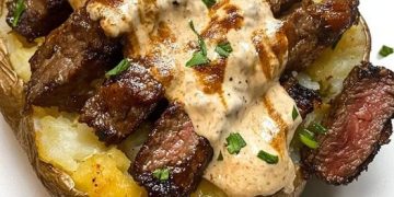 Gefüllte Ofenkartoffel mit Steakhäppchen